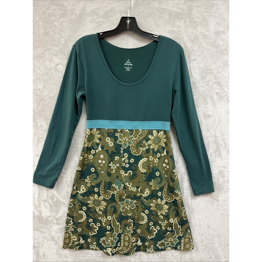 Prana Dress Women's S Green Paisley A Line Jersey‎ Fairy Long Sleeve Scoop Neck
